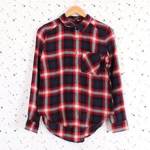Navy Red Button Up Plaid Shirt